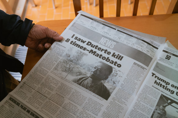 News clippings from when  Matobato began revealing information about his work for  Duterte, making him a potential target.