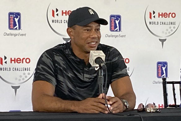 Tiger Woods at his first press conference since his car crash in February.