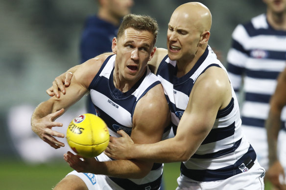 Milestone men: Joel Selwood and Gary Ablett.