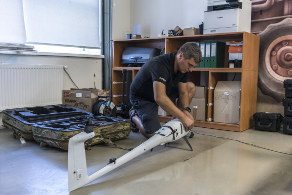 Oleksandr Berezhny of Quantum Systems assembles a reconnaissance drone at the company’s repair center in Zhytomyr, Ukraine.