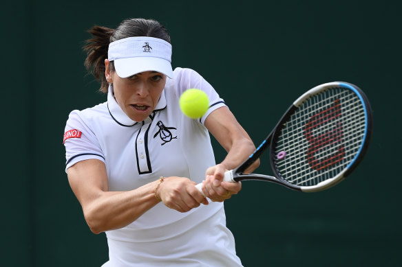 Ajla Tomljanovic plays a backhand against Alize Cornet in their fourth-round match.