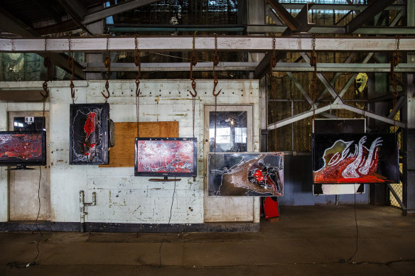 The work of the Tennant Creek Brio is displayed at the Turbine Hall on Cockatoo Island.