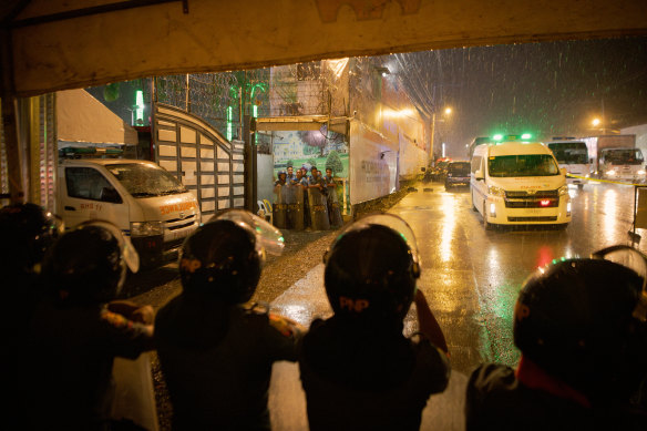 Combined police forces surround the gates of the Kingdom of Jesus Christ compound in Davao City,.