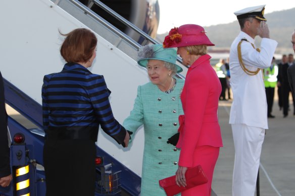 The Queen meets then prime minister Julia Gillard and former governor-general Quentin Bryce.