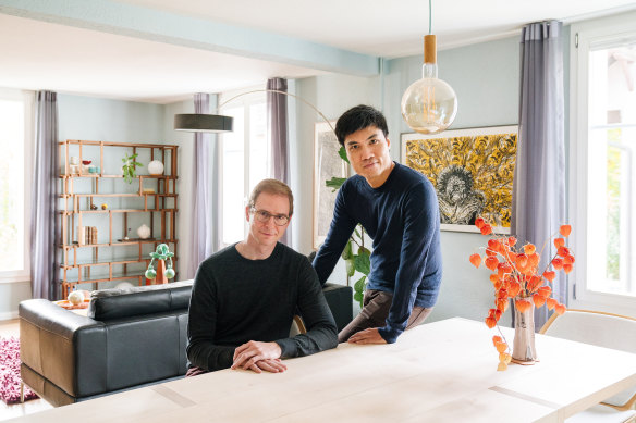 Andreas Fuhrer, left, and Siwat Chuencharoen in their house outside Bern, Switzerland.