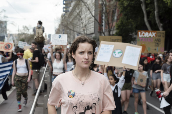 Freya Brown leads the climate change protest in Melbourne on Friday.