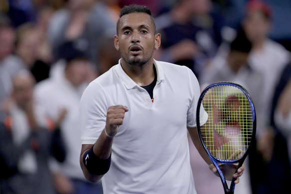 Nick Kyrgios celebrates his first-round win at the US Open.