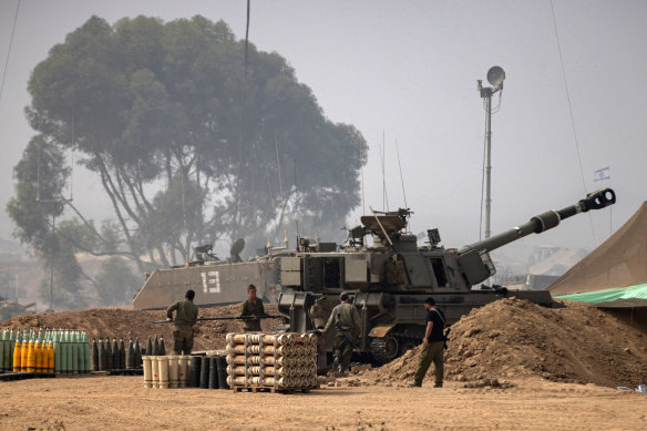 Israeli artillery near the border with Gaza, in Israel.