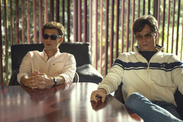 Cooper Koch as Erik Menendez (left) and Nicholas Chavez as Lyle Menendez in a scene from the Netflix drama.