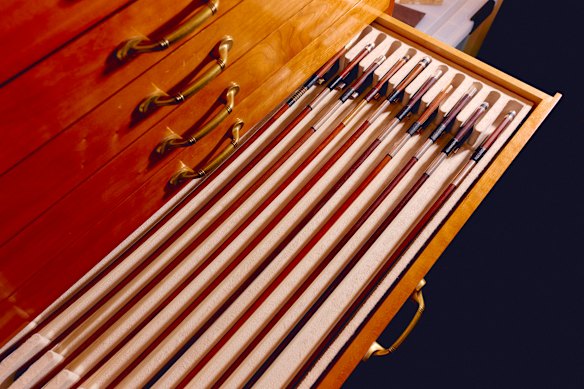 Some of the many bows in the vault at Rare Violins of New York in Manhattan. 
