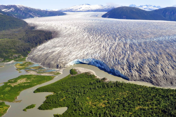 An aerial view of Alaska's Taku glacier near Juneau.
