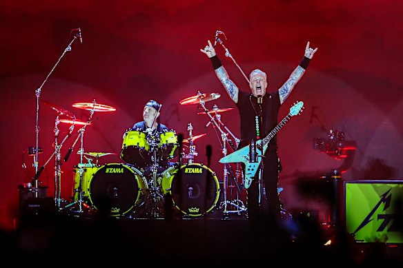 Drummer Lars Ulrich (left) and lead singer and guitarist James Hetfield of Metallica on stage during the band’s M72 World Tour concert at Marvel Stadium.