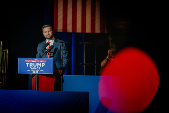 Senator J.D. Vance speaks during a a campaign stop at a high school in his hometown of Middletown, Ohio.