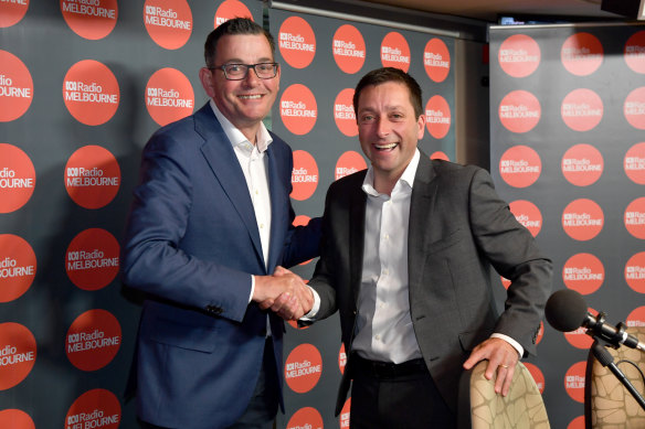Daniel Andrews and Matthew Guy at ABC Radio Melbourne after their 2018 campaign debate.