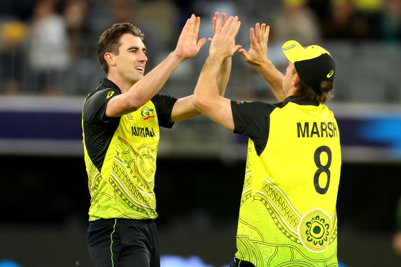 Pat Cummins celebrates a wicket against Sri Lanka.