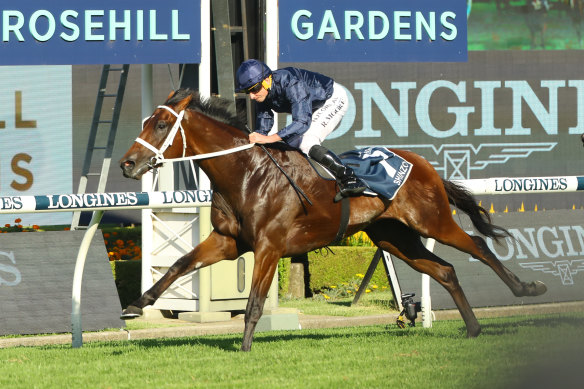 Ryan Moore  wins the Golden Slipper on  Shinzo  at Rosehill on Saturday.