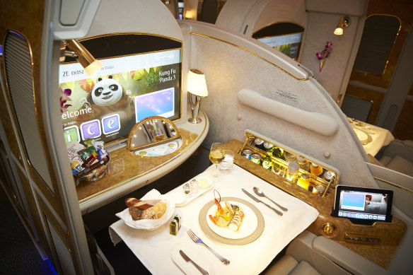Emirates’ first class dining appeals to rich palates.