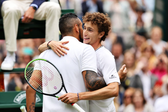 Ugo Humbert congratulates Nick Kyrgios following their Wimbledon match.