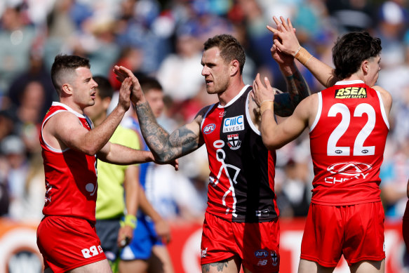 Tim Membrey celebrates a goal during St Kilda’s recent pre-season match against North Melbourne.