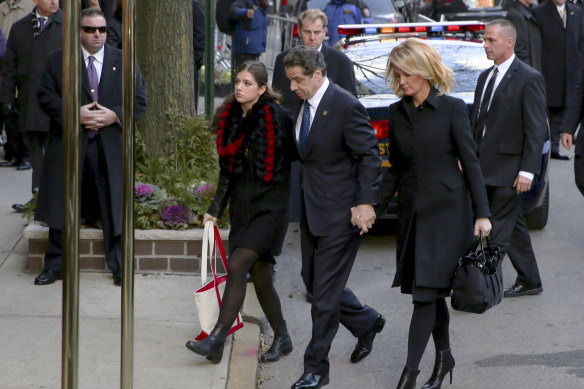 Then New York governor Andrew Cuomo, his daughter Michaela Kennedy-Cuomo and girlfriend Sandra Lee arrive at the Frank E. Campbell for his father Mario Cuomo’s wake in January 2015.