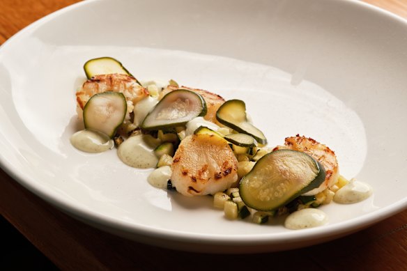 Seared Shark Bay scallops with courgette and lime.