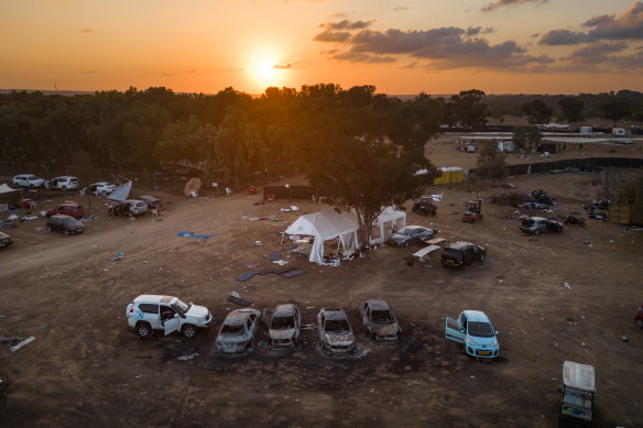An aerial view of the Tribe of Nova festival site four days after it was attacked by Hamas-led terrorists