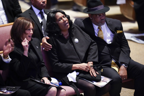 Vice President Kamala Harris sits with RowVaughn Wells and Rodney Wells during the funeral service for Wells’ son, Tyre Nichols.