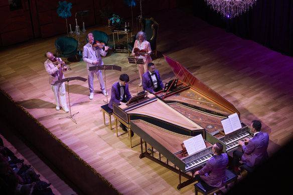 Night in Versailles by Australian Brandenberg Orchestra sees four harpsichords being played together on stage. 