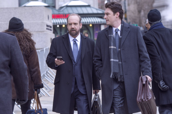 Toby Leonard Moore (right) with Paul Giamatti, playing lawyers in Billions.