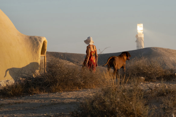 A villager near the solar tower, in Ashalim, Israel.