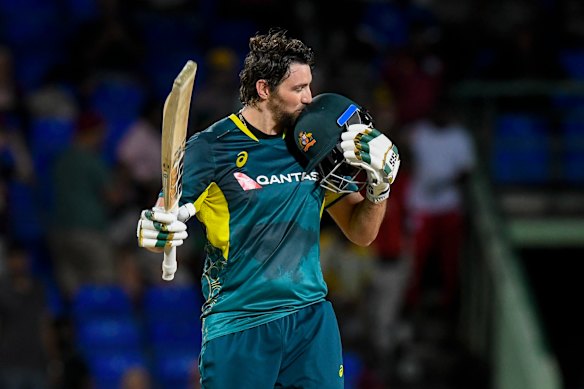 Tim David of Australia celebrates his century during the third T20 against the West Indies.