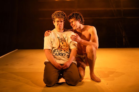 Oliver Cowen and Angus Leighton in a scene from Lord of the Flies at Theatre Works. 
