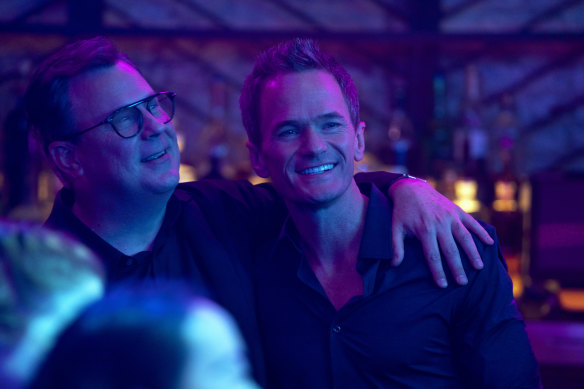 In Uncoupled, Neil Patrick Harris, right, plays newly single real-estate agent Michael Lawson, whose tight friendship circle includes art-gallery owner Stanley (Brooks Ashmanskas).