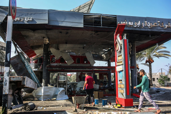 A heavily damaged petrol station in  Khan Younis, southern Gaza.