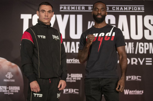 Australian Tim Tszyu faces off with American Terrell Gausha ahead of their fight at the Armory In Minneapolis. March 24, 2022. 