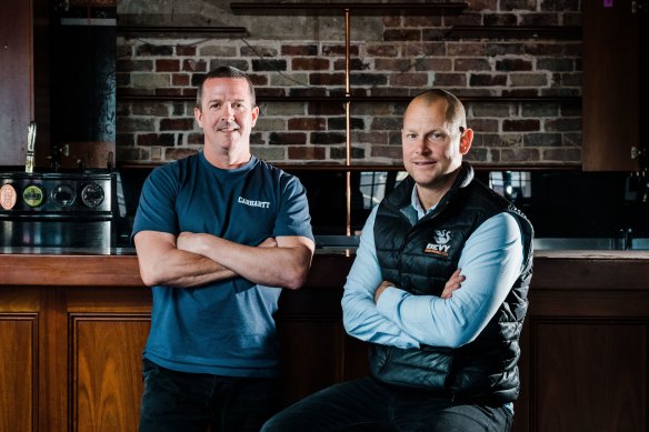 Publican Tim McLernon (left) with business partner Saul Brockwell. McLernon is growing increasingly frustrated by the WA government’s approach to lockdowns.