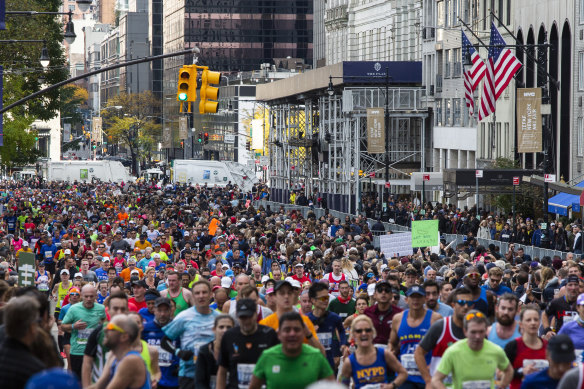 Runners take part in the New York City Marathon in November, 2019. 