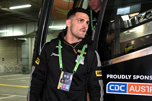 Nathan Cleary leaves the team bus this afternoon.