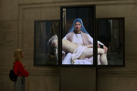 Mary, by artist Bill Viola, as it plays in St Paul’s Cathedral, London. 