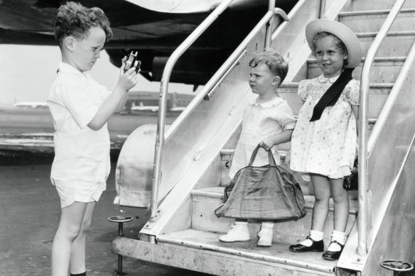 Farrow children prepare to fly to a film shoot in Ireland where their parents are working in 1948, from left, Paddy, 5, John, 21 months and Mia, 3.