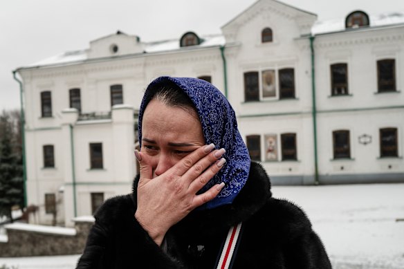 Dr Marina Shuyeva cries as she visited the grounds of the Monastery of the Caves in Kyiv. Her son, she said, was trapped in a basement in Kharkiv. She said she knew nothing of his fate.  