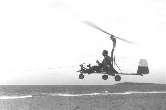 John Dickenson flying an autogyro that he had modified.