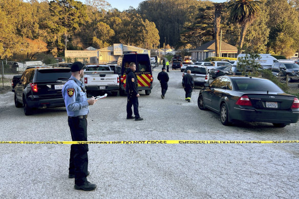 Police at one of the crime scenes for the shooting at Half Moon Bay.
