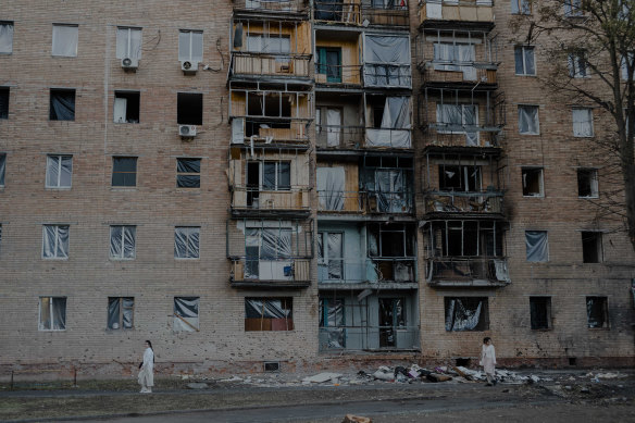 Apartments damaged by falling missile debris in Kursk, Russia.