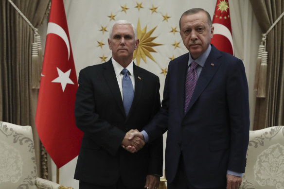 US Vice-President Mike Pence meets with Turkish President Recep Tayyip Erdogan.