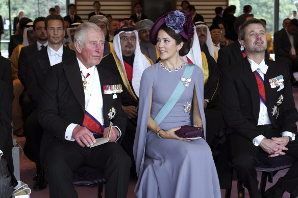 Then-Prince Charles, Denmark’s Crown Princess Mary and Crown Prince Frederik attend the enthronement ceremony of Japan’s Emperor Naruhito at the Imperial Palace in Tokyo in 2019.