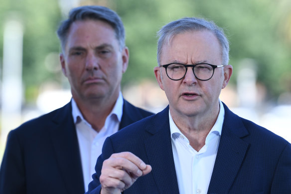 Prime Minister Anthony Albanese (right) and Deputy and Defence Minister Richard Marles held a press conference about the submarines after the US senators’ letter leaked. 