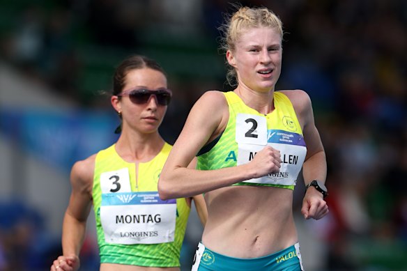Elizabeth McMillen (right) and Jemima Montag of Team Australia compete in women’s 10,000m race walk.