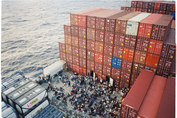 Asylum seekers on the Norwegian container ship Tampa in 2001. 