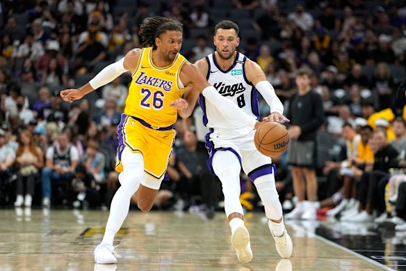 LA Lakers forward Matisse Thybulle steals the ball from Sacramento’s Zach LaVine.